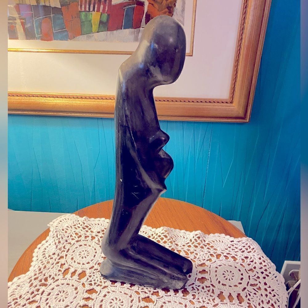 Statue Carving black stone possibly obsidian mother with the child chip bottom